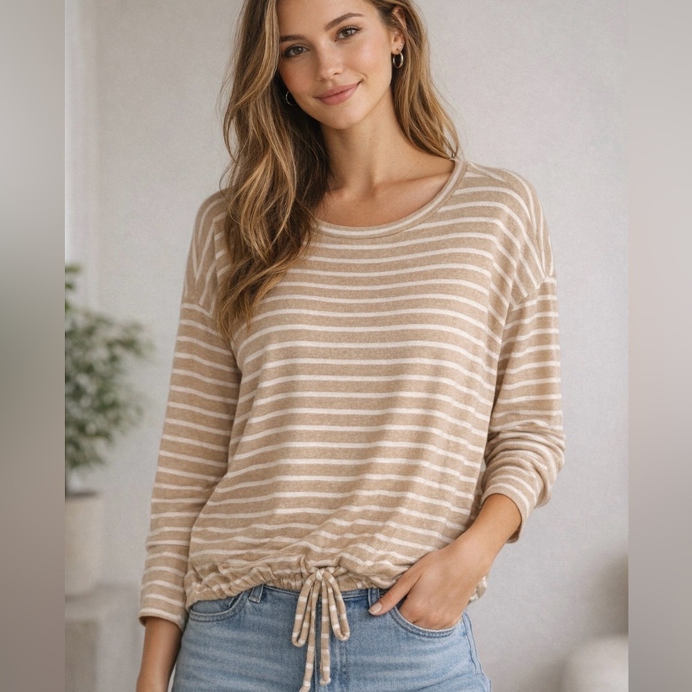 Loft Striped Drawstring Hem Long Sleeve Top - Tan/Beige/White Small